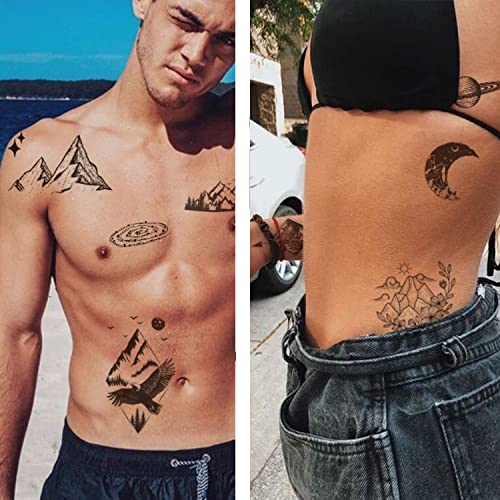 Ooopsiun 30 Sheets Small Black Mountain Planet Temporary Tattoos for Men Women - Unique Realistic Waterproof Forest Triangle Designs Body Art Tattoos for Adults - Image 3