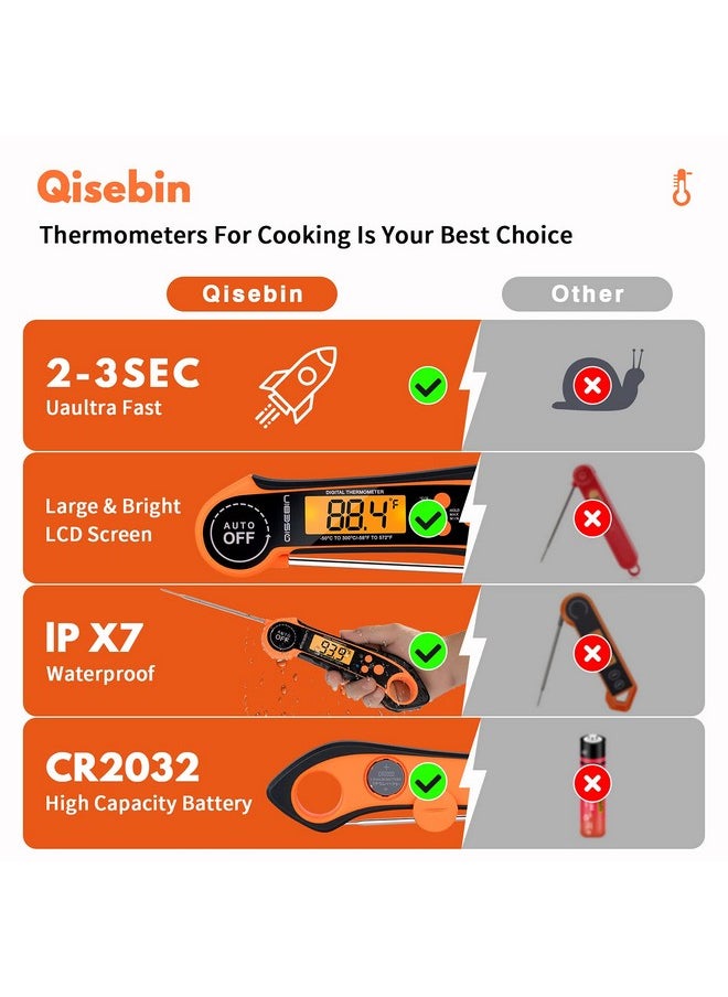 قيسبين ميزان حرارة رقمي للحوم من Qisebin للطهي والشواء - مقاوم للماء بدرجة IPX7، قراءة فورية، مناسب للحوم والقلي العميق والخبز والاستخدام الخارجي والشواء (برتقالي)  - Image 2
