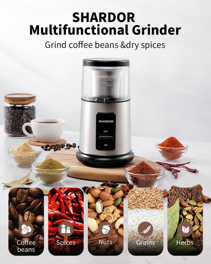 SHARDOR One Touch Coffee Grinder Electric, Spice, Herb, For Coffee Bean Spices and Seeds with 1 Removable Stainless Steel Bowl, Dry Grinder, Silver - Image 2