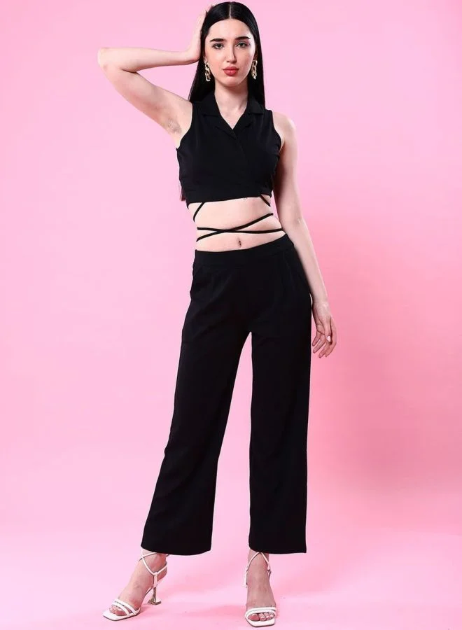 Freehand Women Straight Fit Solid Sleeveless Mid Rise Top and Pant Co-Ord Set