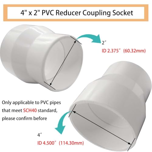 YSIL 1 Pcs 4" x 2" PVC Reducer Coupling Adapter Socket x Socket Pipe Fittings,Schedule 40 PVC DWV Pipe Slip Socket Connectors for House & Industrial Plumbing Connection,White - Image 2