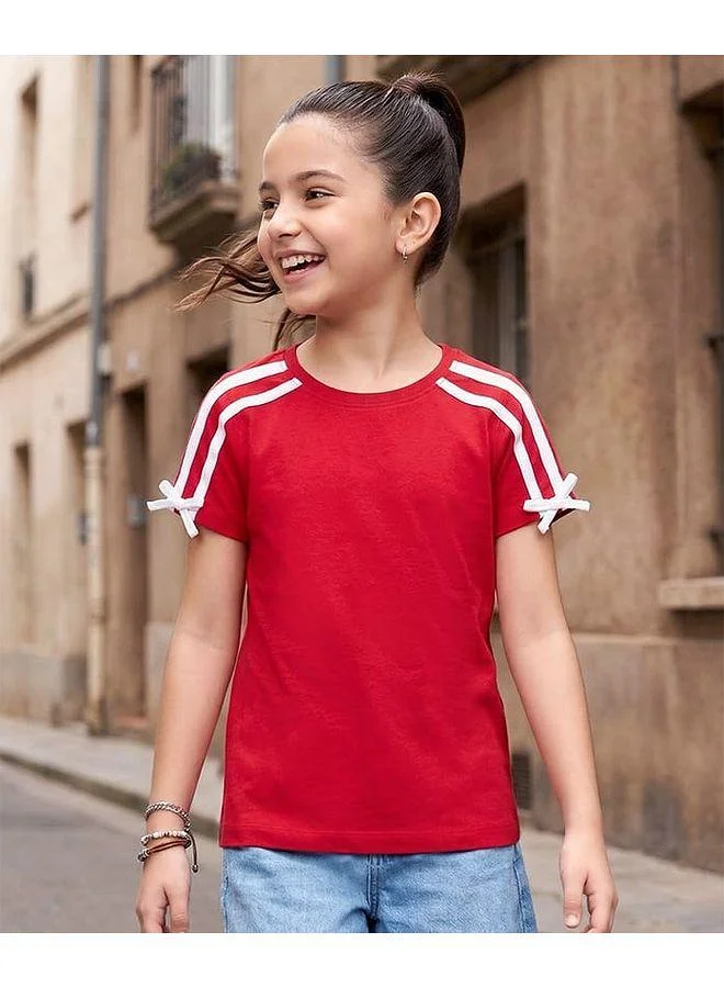 Pine Kids Pine Kids Cotton Knit Half Sleeves Striped T-Shirt with Bow Applique - Red