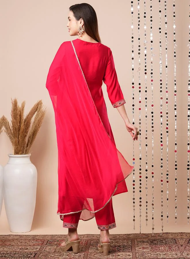 globus Sequined Floral Embroidered Straight Kurta with Pants and Dupatta Set by Styli
