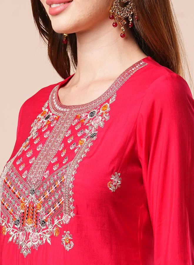 globus Sequined Floral Embroidered Straight Kurta with Pants and Dupatta Set by Styli