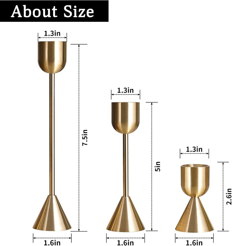 Brass Gold Candlestick Holder - Set of 3 Taper Candle Holders for Table Mantel Wedding Housewarming Gift - Image 4