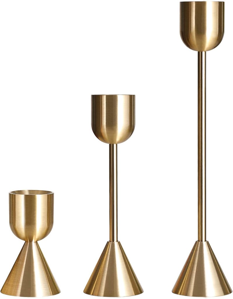 Brass Gold Candlestick Holder - Set of 3 Taper Candle Holders for Table Mantel Wedding Housewarming Gift - Image 1