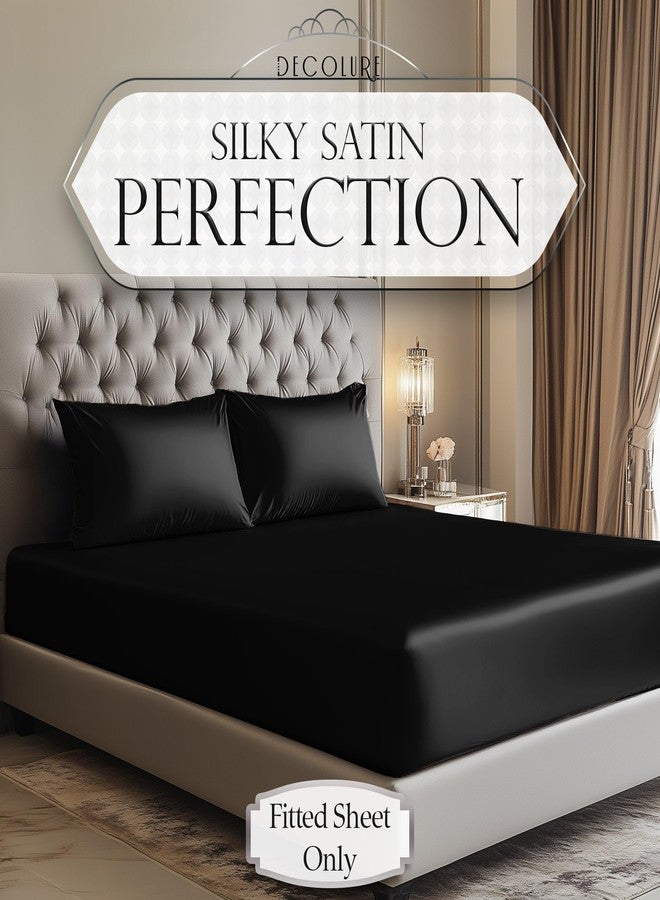 DECOLURE Satin Fitted Sheet King Size (1 PC) - Luxuriously Smooth & Softer Than Silk Bed Sheets w/ 15 Inch Deep Pocket Hypoallergenic Wrinkle Free, Secure Snug Fit, Elastic Corner Straps (Black) - Image 2