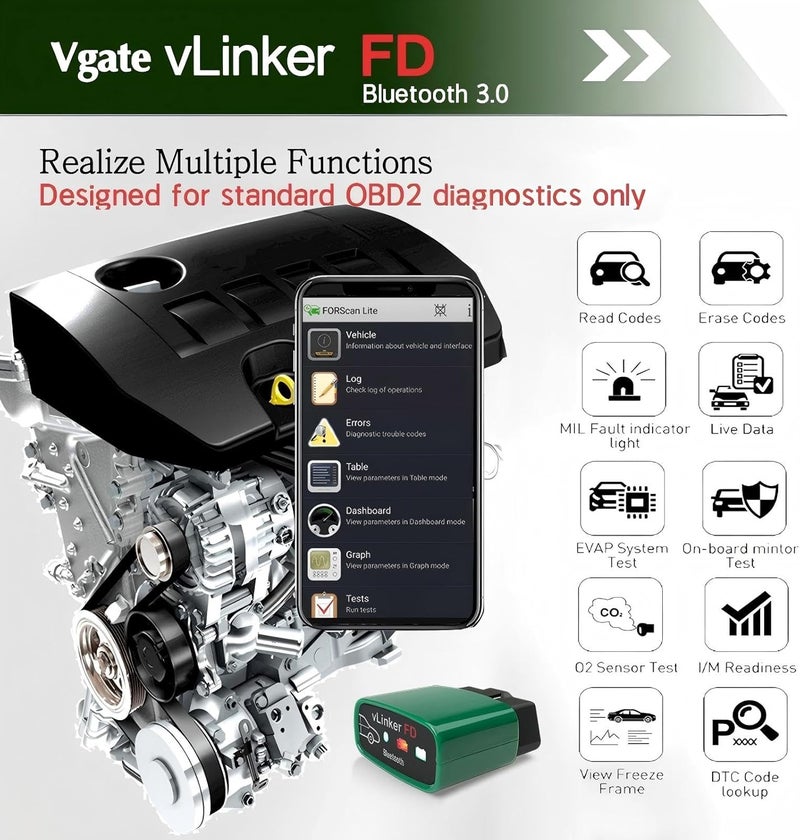 في جايت قارئ أكواد السيارات vLinker FD OBD2 Bluetooth، أداة تشخيص OBD2 لأنظمة أندرويد وويندوز - مصممة خصيصًا لـ FORScan - Image 5
