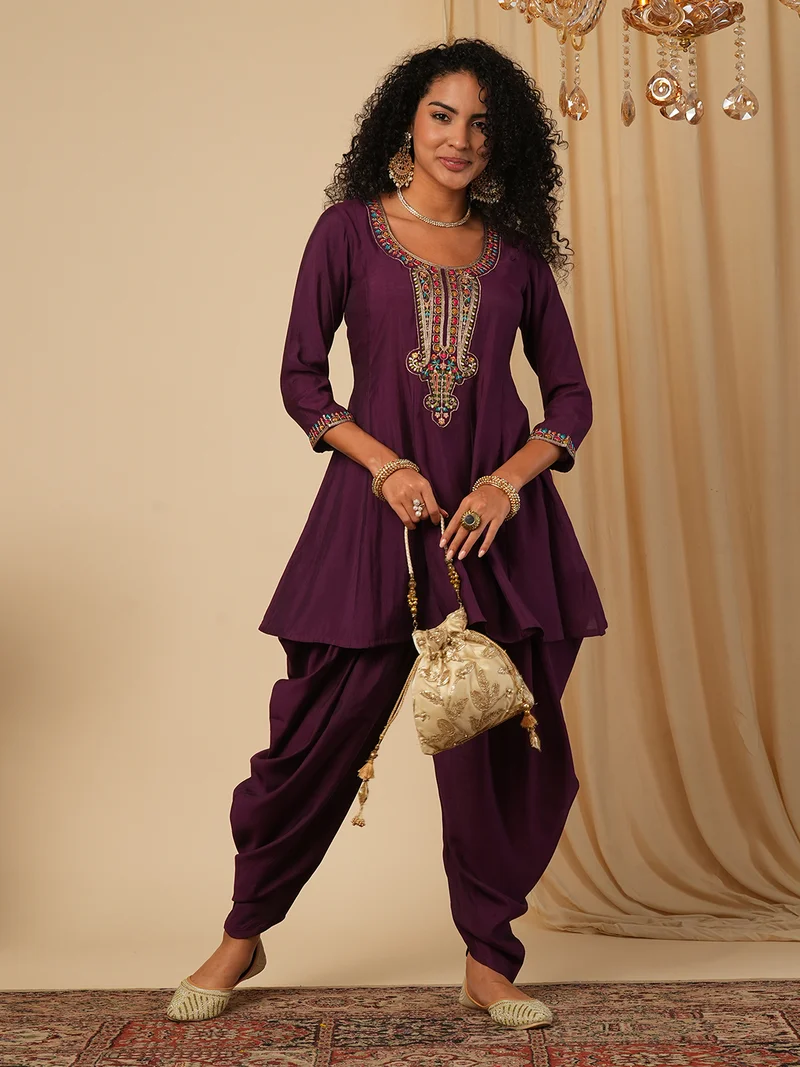 globus Women Yoke Embroidered Peplum Ethnic Top With Dhoti Pant