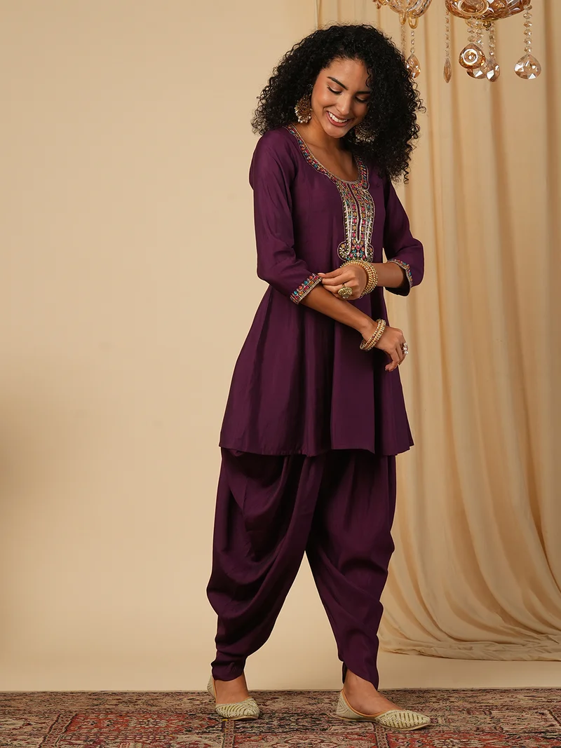 globus Women Yoke Embroidered Peplum Ethnic Top With Dhoti Pant