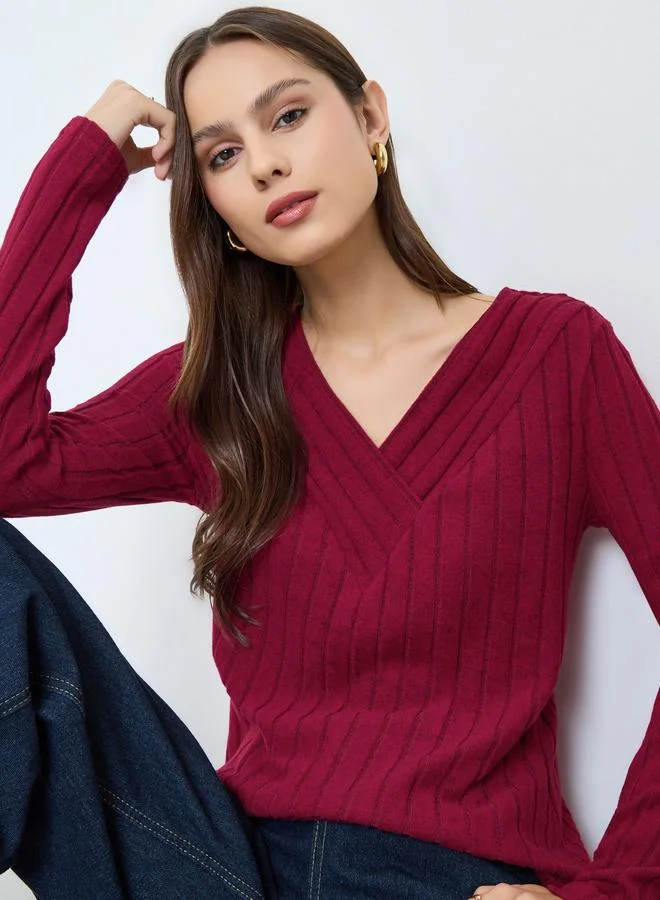 Take Two Maroon Ribbed V-Neck Long Sleeve Top