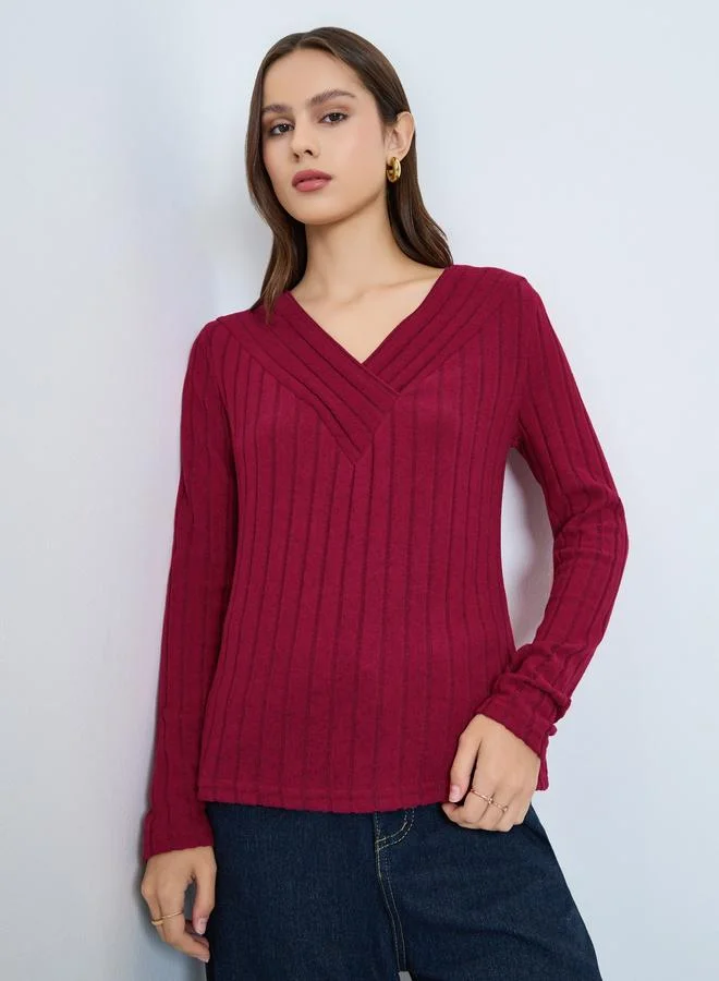 Take Two Maroon Ribbed V-Neck Long Sleeve Top