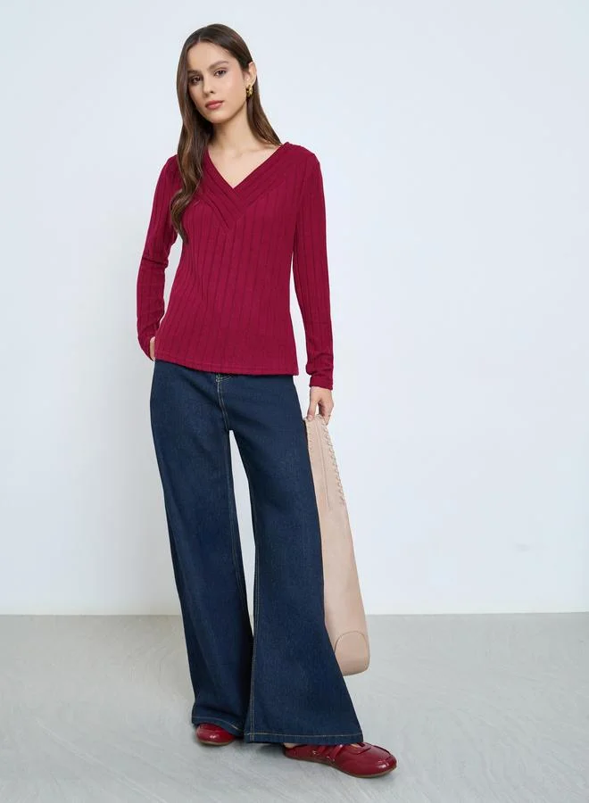 Take Two Maroon Ribbed V-Neck Long Sleeve Top