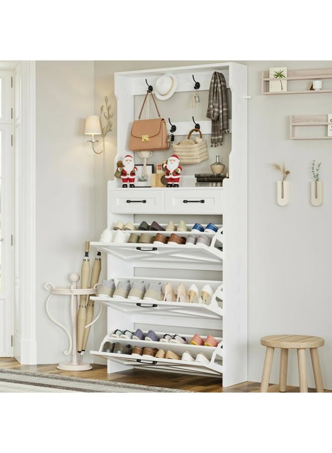 IRONCK Tall Shoe Cabinet with 3 Flip Drawers, Shoe Cabinet Storage for Entryway with Coat Rack, Hidden Narrow Shoe Rack Organizer for Hallway Living Room, 2 in 1 Hall Tree, White - Image 1