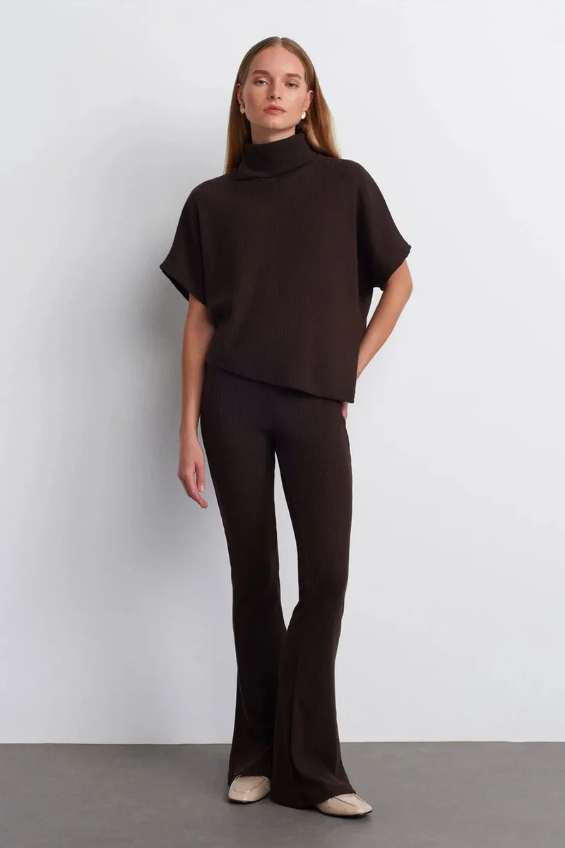 Dilvin Coffee Brown DILVIN High-Waist Flare Knit Pants for Women | Best Price UAE