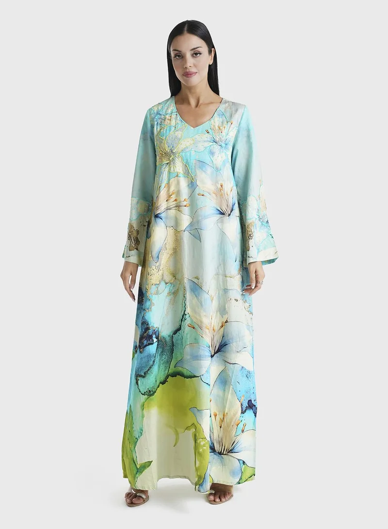 KASHKHA Turquoise Floral Printed Cotton Satin Sequins Work Jalabiya (VDM867)