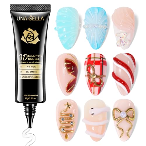 UNA GELLA 3D Gel Nail Art, 3D Nail Gel Sculpting G el Glue 15g 4 in 1 No Wipe Clear Nail Polish for Nails Tips, Chrome Powder, Nail Charms Gems, Drawing and DIY Nail Art Lamp Curing Needed - Image 1