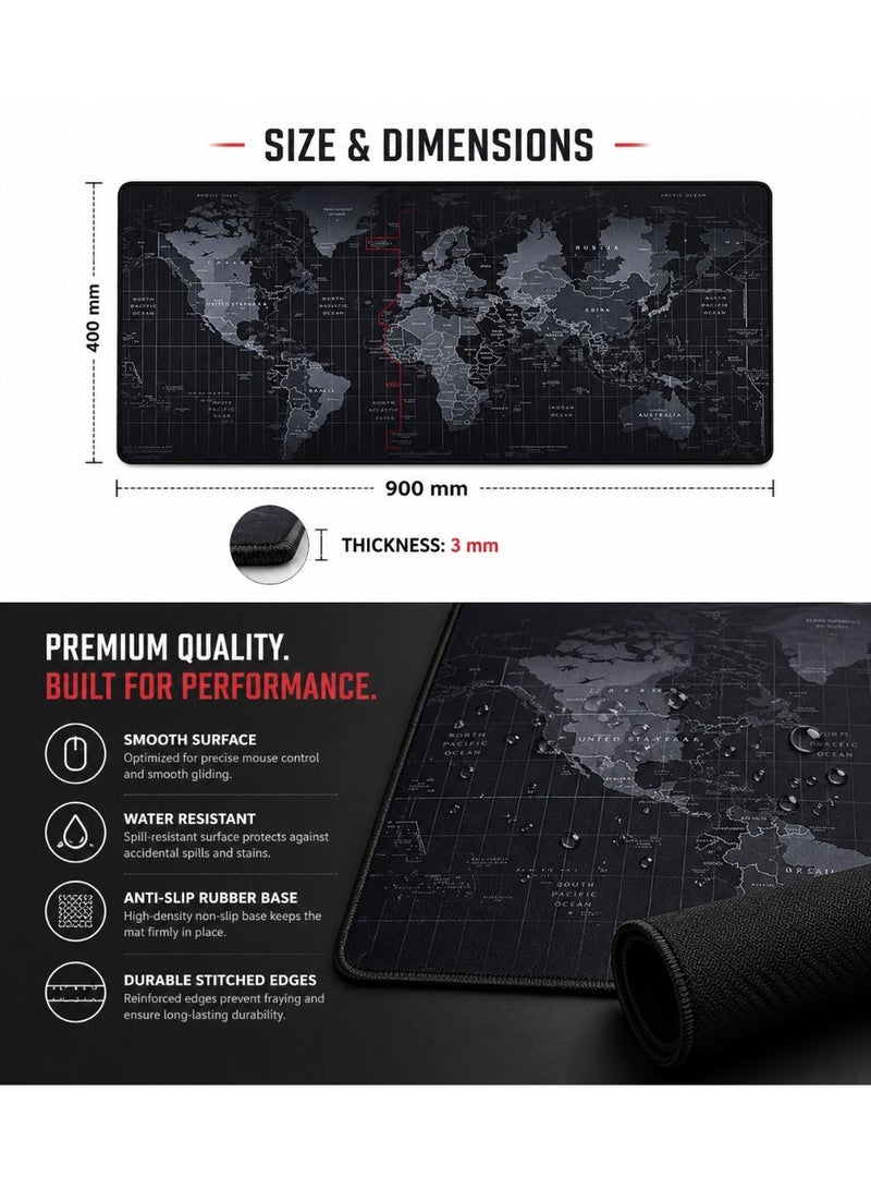 RION World Map Desk Mat 900×400mm – Extended Mouse Pad with Anti-Slip Rubber Base, Waterproof Surface & Stitched Edges – Large Gaming & Office Desk Pad (Black) XL - Image 3