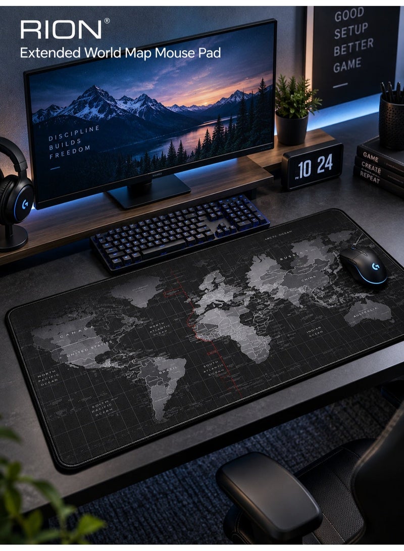 RION World Map Desk Mat 900×400mm – Extended Mouse Pad with Anti-Slip Rubber Base, Waterproof Surface & Stitched Edges – Large Gaming & Office Desk Pad (Black) XL - Image 5