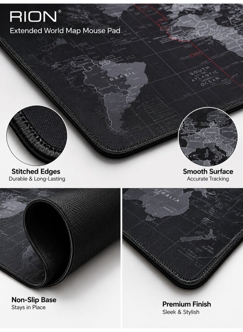 RION World Map Desk Mat 900×400mm – Extended Mouse Pad with Anti-Slip Rubber Base, Waterproof Surface & Stitched Edges – Large Gaming & Office Desk Pad (Black) XL - Image 4