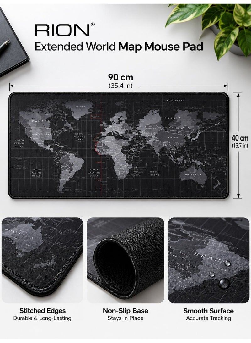 RION World Map Desk Mat 900×400mm – Extended Mouse Pad with Anti-Slip Rubber Base, Waterproof Surface & Stitched Edges – Large Gaming & Office Desk Pad (Black) XL - Image 3