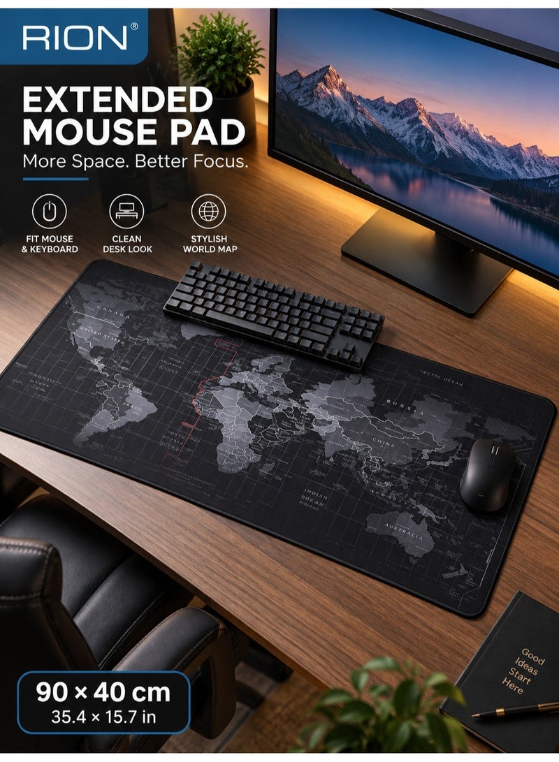 RION World Map Desk Mat 900×400mm – Extended Mouse Pad with Anti-Slip Rubber Base, Waterproof Surface & Stitched Edges – Large Gaming & Office Desk Pad (Black) XL - Image 2