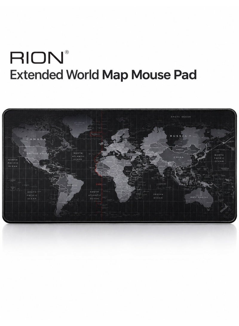 RION World Map Desk Mat 900×400mm – Extended Mouse Pad with Anti-Slip Rubber Base, Waterproof Surface & Stitched Edges – Large Gaming & Office Desk Pad (Black) XL - Image 1