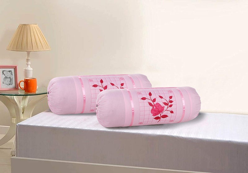 Rj Products™ Cotton Bolster Cover Set of 2 Piece Beautiful Rose Embroidery - Pink Color - Image 1