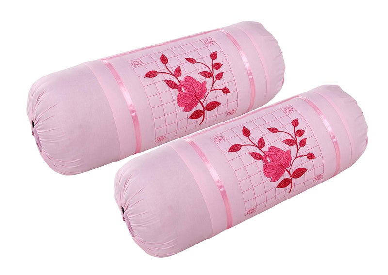 Rj Products™ Cotton Bolster Cover Set of 2 Piece Beautiful Rose Embroidery - Pink Color - Image 2