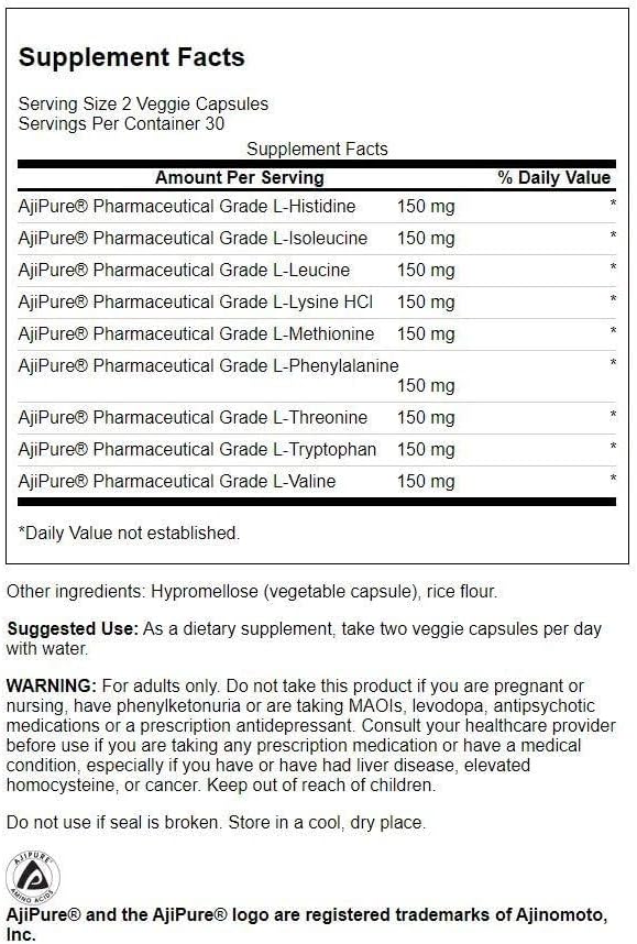 Swanson Ajipure 9 Essential Amino Acid Formula Pharmaceutical Grade 60 Veg Capsules - Image 2