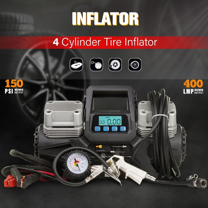 ROADPOWER 4 Cylinder Car Air Compressor Ultra Extreme 4x4 Tire Super Air Flow Portable 150 PSI, 400 LPM, 12V Tire Inflator for Car, Truck, Bicycle football & Other Inflatables With Carry Bag - Image 2