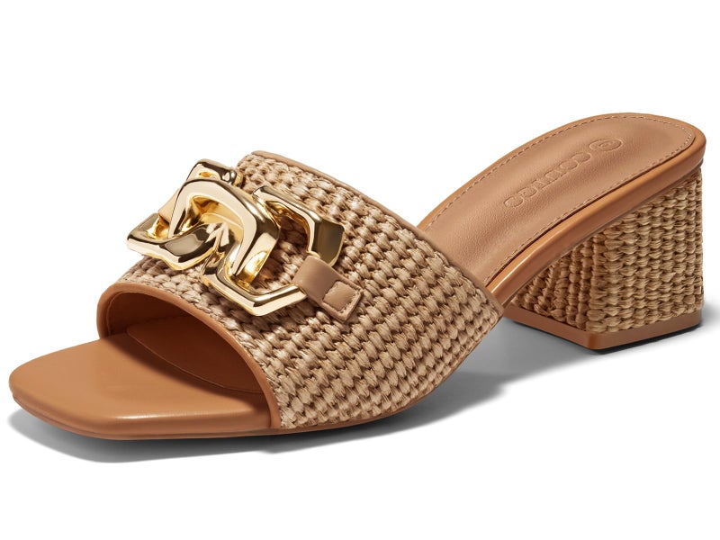 Coutgo Womens Raffia Slide Sandals Chunky Block Heeled Square Open Toe Metal Chain Slip on Mules Dressy Shoes, Brown, size 8.5 - Image 1