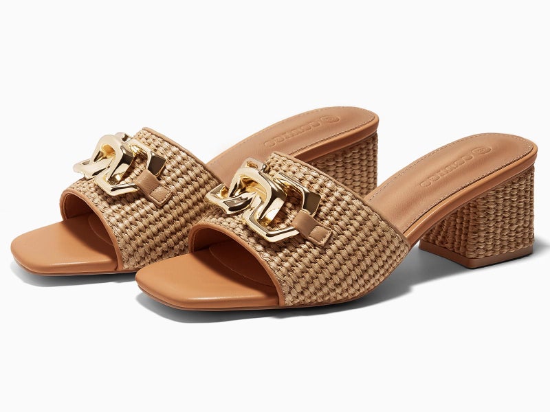 Coutgo Womens Raffia Slide Sandals Chunky Block Heeled Square Open Toe Metal Chain Slip on Mules Dressy Shoes, Brown, size 8.5 - Image 5