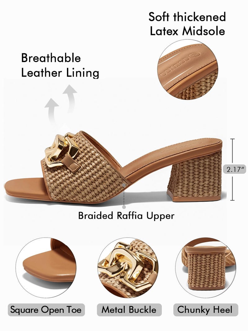 Coutgo Womens Raffia Slide Sandals Chunky Block Heeled Square Open Toe Metal Chain Slip on Mules Dressy Shoes, Brown, size 8.5 - Image 4
