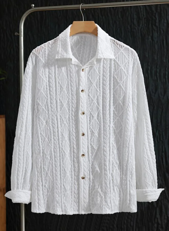 تايك تو قميص أبيض محاك للرجال بياقة مفتوحة