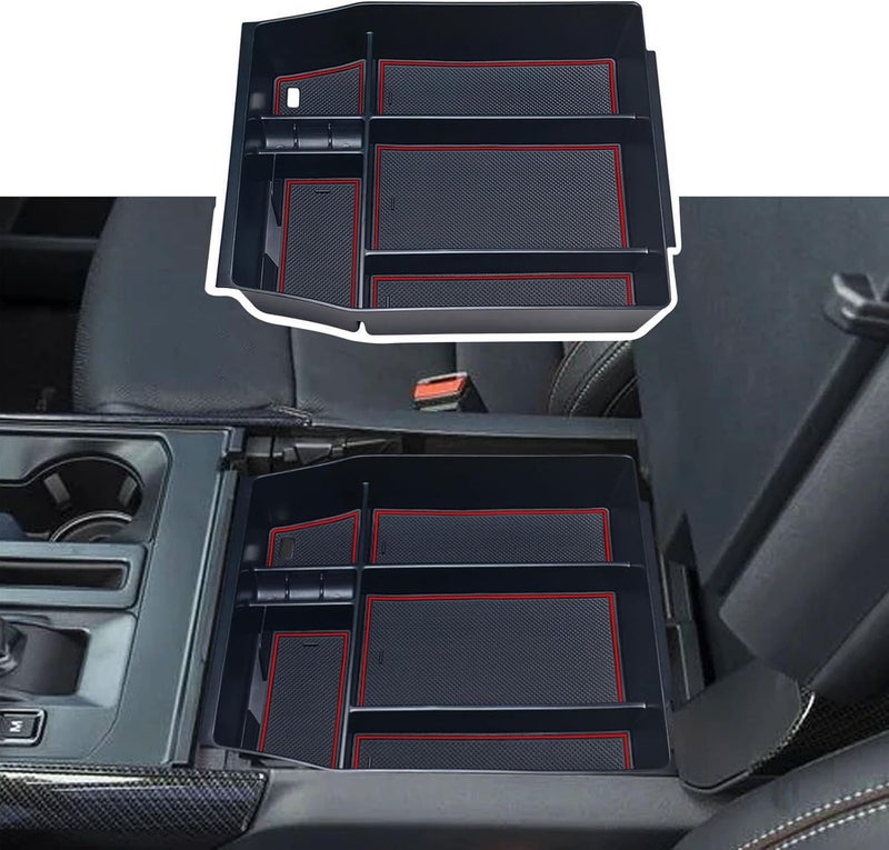 Zxiaochun Gulf approved global quality Center Console Organizer Compatible with 2021 2022 2023 2024 Ford F150 Interior Accessories, Armrest Box Insert Storage Tray (Full Console w/Bucket Seats ONLY)-Red Trim Polished safe edge - Image 1