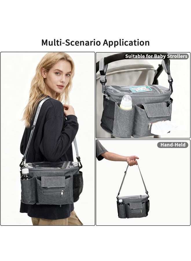 Smlper Large Universal Stroller Organizer, Stroller Caddy Bag with Cup Holder/Detachable Shoulder Strap & Phone Bag, Waterproof Baby Travel Gear for Baby Stroller and Baby Crib (Grey) - Image 2