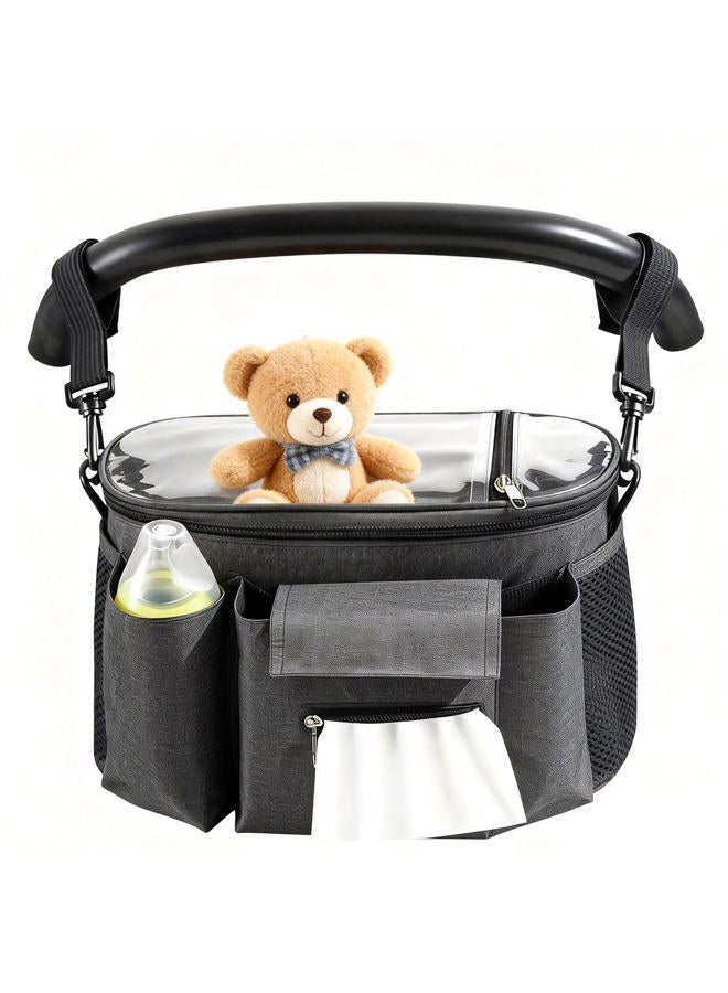 Smlper Large Universal Stroller Organizer, Stroller Caddy Bag with Cup Holder/Detachable Shoulder Strap & Phone Bag, Waterproof Baby Travel Gear for Baby Stroller and Baby Crib (Grey) - Image 1