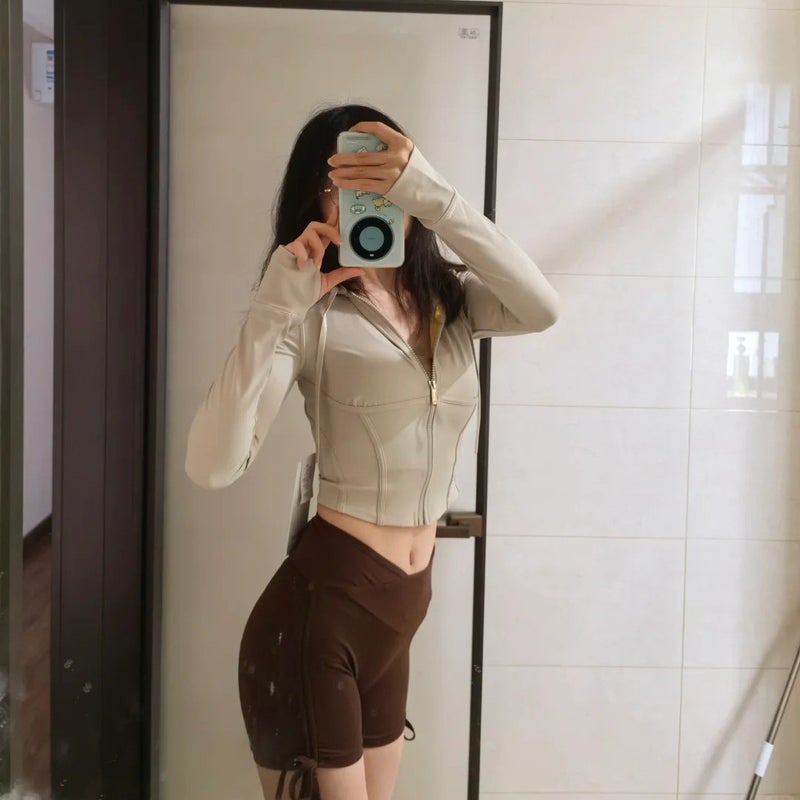 Women'S Waist Stitch Zipper Hoodie Fishbone Jacket Sports Running Fitness Short Waisted Jacket Slim Fit - Image 4