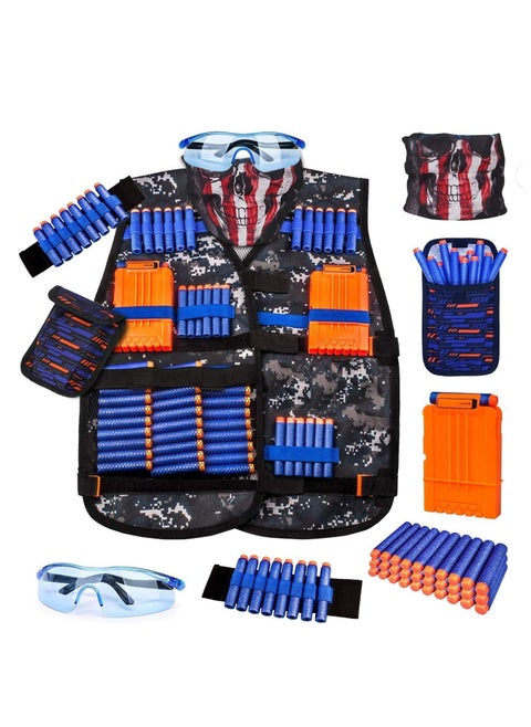 Kids Tactical Vest Kit for Nerf Guns Series with Refill Darts,Dart Pouch, Reload Clips, Tactical Mask, Wrist Band and Protective Glasses