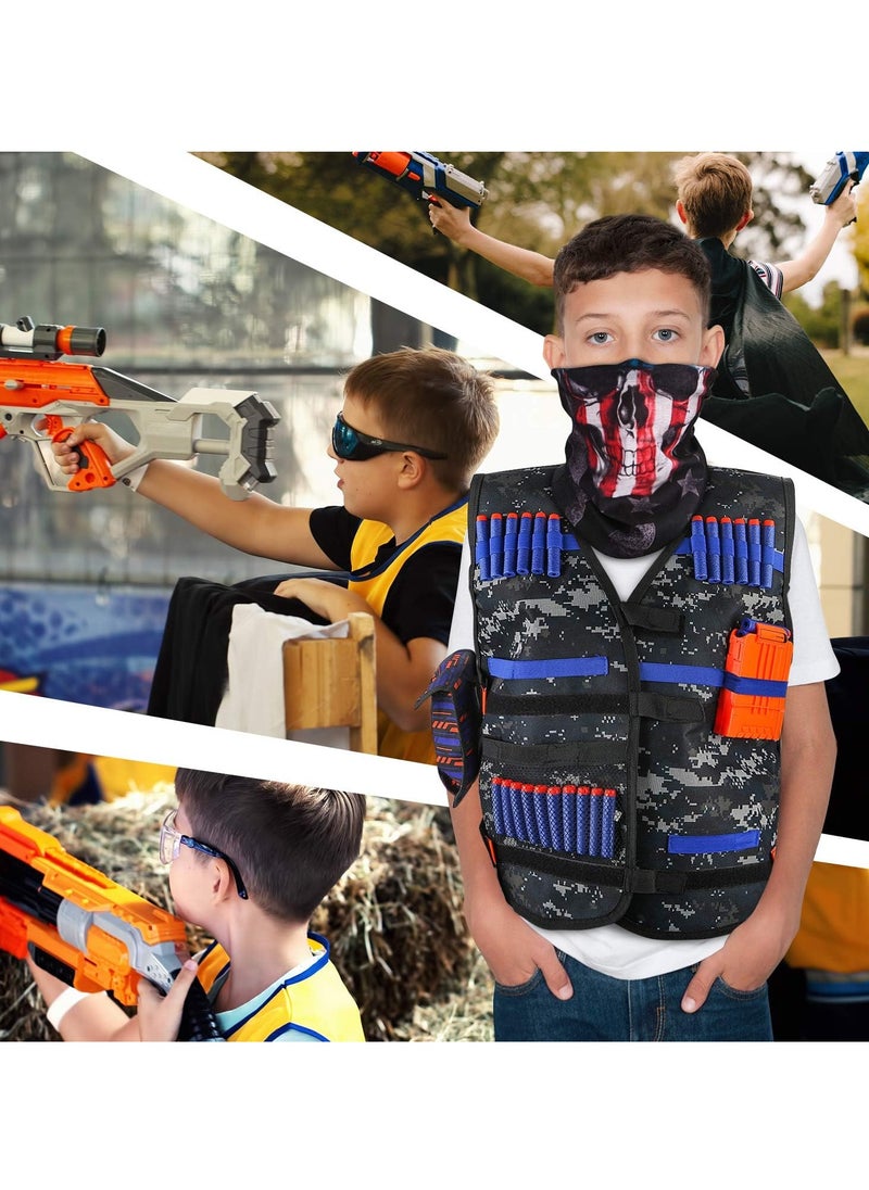 Kids Tactical Vest Kit for Nerf Guns Series with Refill Darts,Dart Pouch, Reload Clips, Tactical Mask, Wrist Band and Protective Glasses