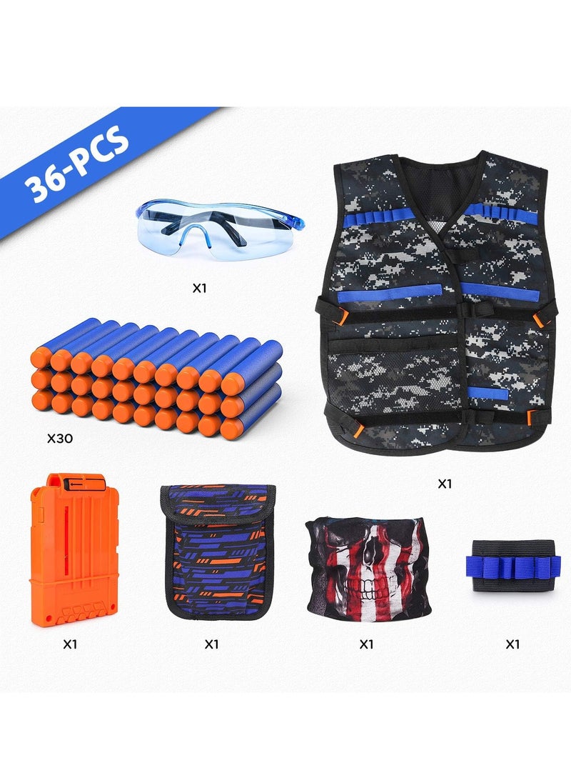 Kids Tactical Vest Kit for Nerf Guns Series with Refill Darts,Dart Pouch, Reload Clips, Tactical Mask, Wrist Band and Protective Glasses