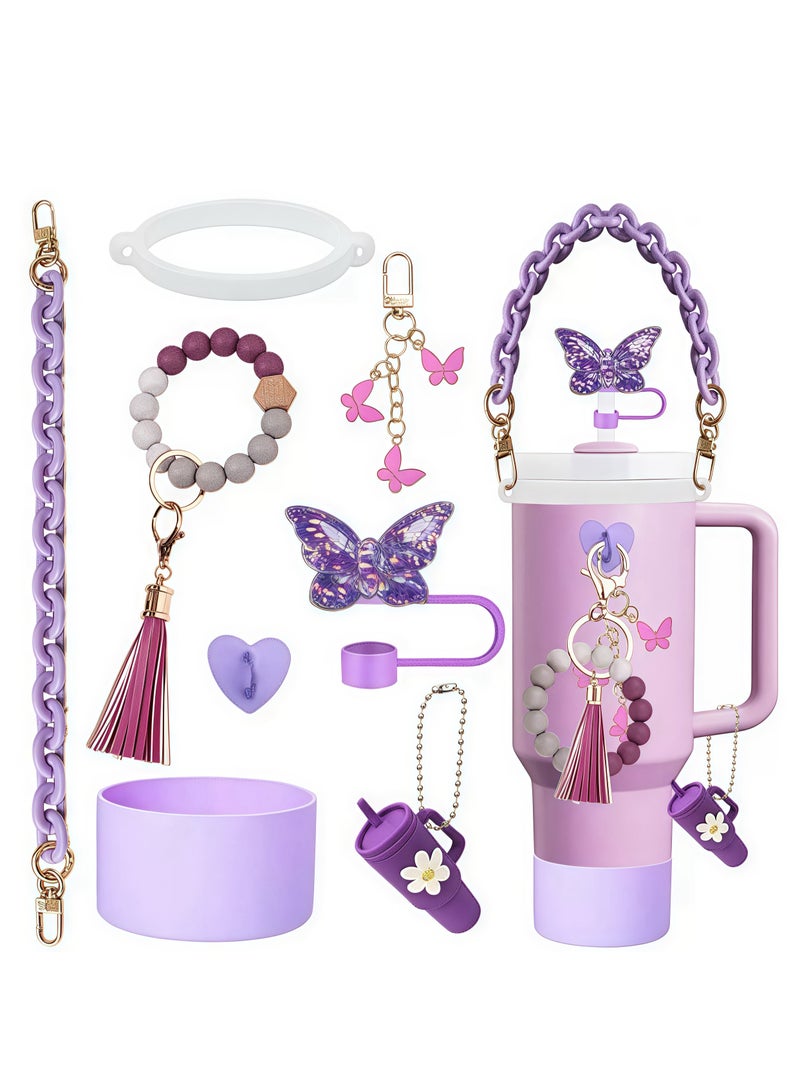 JOSQUEWNN Accessories Set for Stanley Cup 30oz & 40 oz Tumbler: Tassel Bead Pendant, Charm Bracelet, Key chain, Resin Butterfly Straw, Dust Cover, Leak-Proof Drinking Straw Cover, Stylish and Practical Drink ware Accessories,Purple.  - Image 1