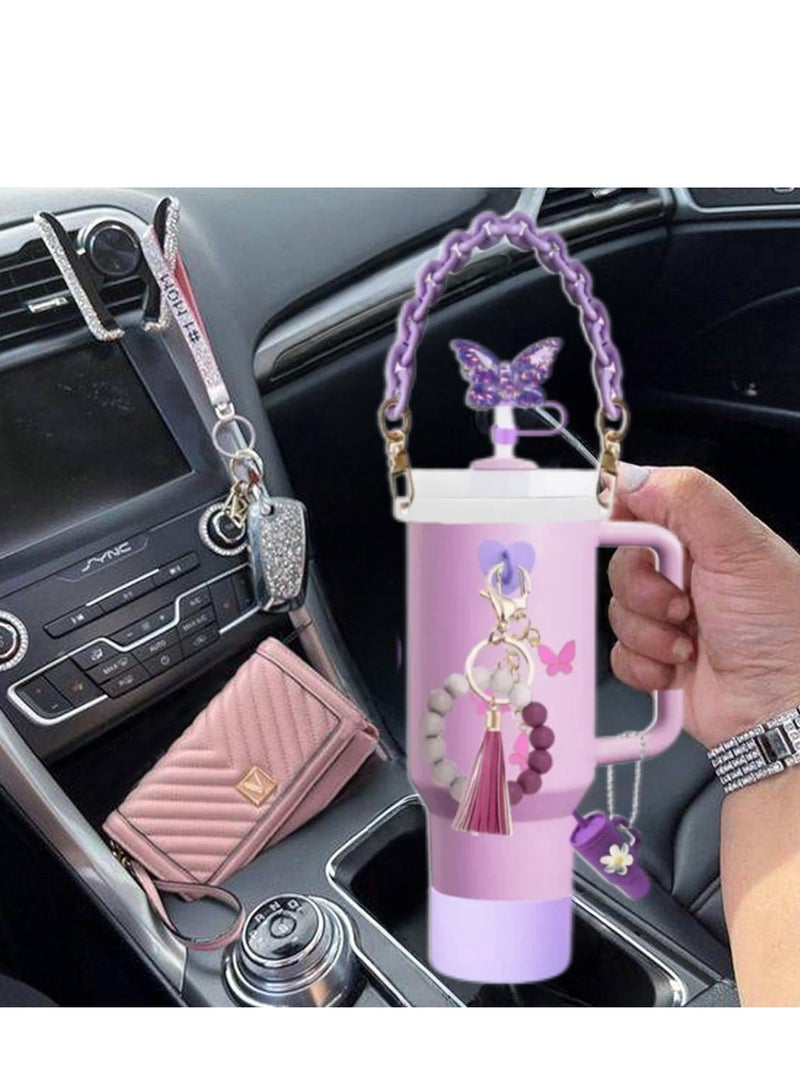 JOSQUEWNN Accessories Set for Stanley Cup 30oz & 40 oz Tumbler: Tassel Bead Pendant, Charm Bracelet, Key chain, Resin Butterfly Straw, Dust Cover, Leak-Proof Drinking Straw Cover, Stylish and Practical Drink ware Accessories,Purple.  - Image 2