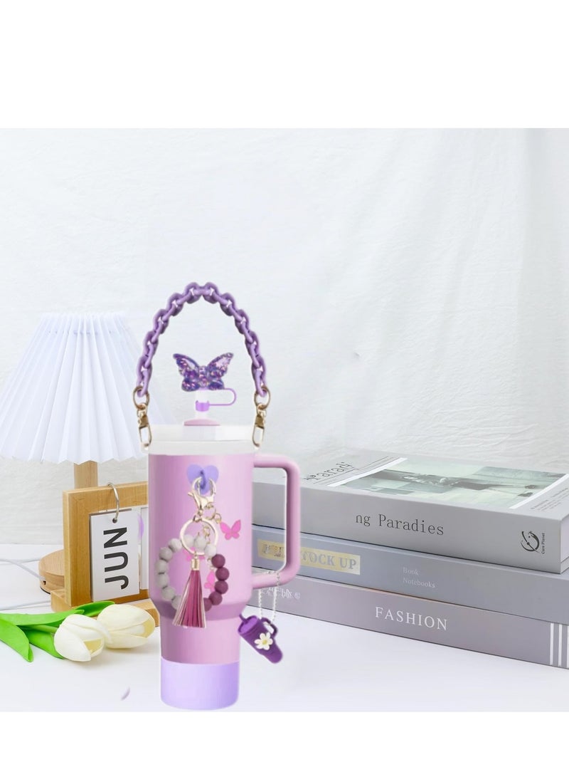 JOSQUEWNN Accessories Set for Stanley Cup 30oz & 40 oz Tumbler: Tassel Bead Pendant, Charm Bracelet, Key chain, Resin Butterfly Straw, Dust Cover, Leak-Proof Drinking Straw Cover, Stylish and Practical Drink ware Accessories,Purple.  - Image 3