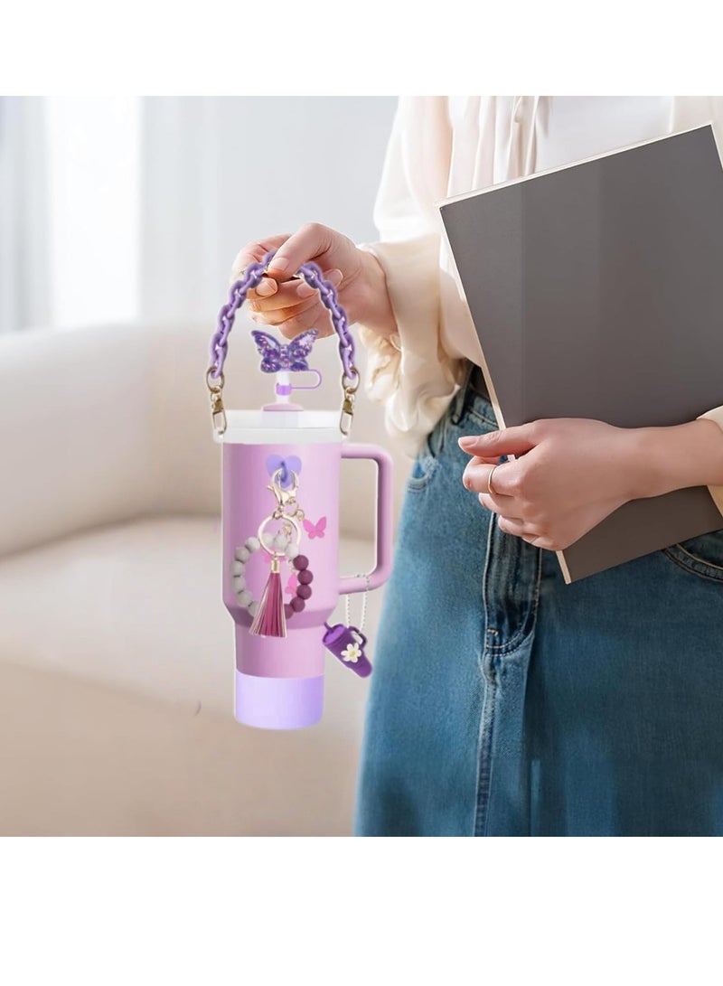 JOSQUEWNN Accessories Set for Stanley Cup 30oz & 40 oz Tumbler: Tassel Bead Pendant, Charm Bracelet, Key chain, Resin Butterfly Straw, Dust Cover, Leak-Proof Drinking Straw Cover, Stylish and Practical Drink ware Accessories,Purple.  - Image 4