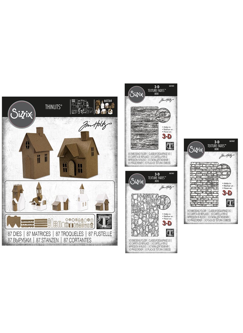 Tim Holtz Tim Holtz Sizzix Village Collection Thinlits Dies Bundle of 87 Dies 665564 Plus 3 Coordinating Mini Texture Fades Lumber Cobblestone and Brickwork 665460 665461 665462 