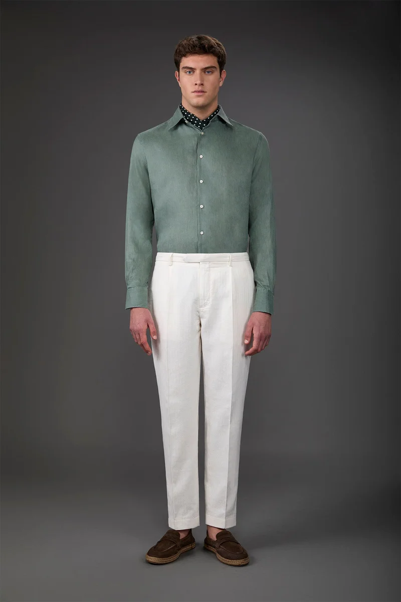 Men's casual shirt with classic collar, 100% linen - Sage Green