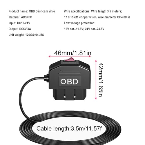 Gebildet Dash Cam OBD Hardwire Kit, Micro USB Hardwire Kit with OBD Power Cable for Dashcam 12-24V to 5V/3A with Low Voltage Protection 24h Parking Surveillance/Acc Mode for Dashcam, GPS or Radar - Image 5