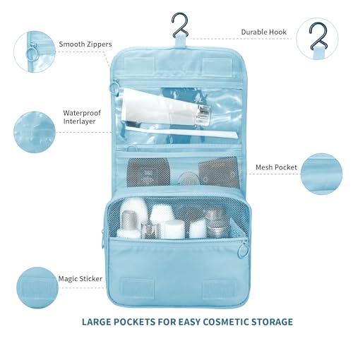Lcsmaokin Large Capacity Toiletry Bag Travel Bag with Hanging Hook for Men and Women Waterproof Travel Cosmetic Bag Bathroom Storage Bag for Brushes Set, Full-Sized Shampoo,Accessories(Baby Blue) - Image 3